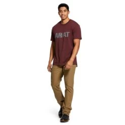 Ariat Rebar Shirts: Men's 10030289 Burgundy Heather Rebar Cotton Strong Block T-Shirt -Workingperson Deals Shirts Store 10030289 full