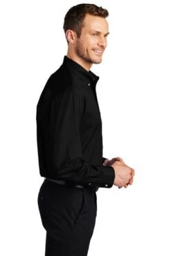 Port Authority Shirts: Men's S600T BK Black Button Down Long Sleeve Twill Shirt -Workingperson Deals Shirts Store 105 black 3 tls600tblackmodelside2 337w