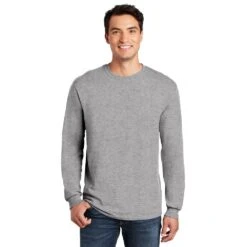 Gildan Shirt: Men's 5400 SG Sport Grey Heavy Cotton Long Sleeve -Workingperson Deals Shirts Store 5400 sportgrey model front