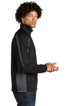 Sport-TeK Sweatshirts: Men's ST851 BCG Black Charcoal Grey Stretch 1/2-Zip Colorblock Pullover -Workingperson Deals Shirts Store 5496 blkchrgy 3 st851blkchrgymodelside1 337w