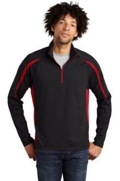 Sport-TeK Sweatshirts: Men's ST851 BTR Black True Red Stretch 1/2-Zip Colorblock Pullover
