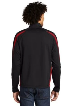 Sport-TeK Sweatshirts: Men's ST851 BTR Black True Red Stretch 1/2-Zip Colorblock Pullover -Workingperson Deals Shirts Store 5496 blktrrd 2 st851blktrrdmodelback1 337w