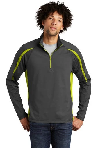 Sport-TeK Sweatshirts: Men's ST851 CGCG Charcoal Grey Charge Green Stretch 1/2-Zip Colorblock Pullover 1 Sport-TeK Sweatshirts: Men's ST851 CGCG Charcoal Grey Charge Green Stretch 1/2-Zip Colorblock Pullover