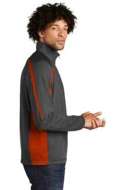 Sport-TeK Sweatshirts: Men's ST851 CGDO Charcoal Grey Deep Orange Stretch 1/2-Zip Colorblock Pullover -Workingperson Deals Shirts Store 5496 chgydpor 3 st851chgydpormodelside1 337w