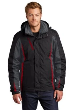 Port Authority Jackets: Men's J321 BMR Black Magnet Signal Red Colorblock 3-in-1 Jacket