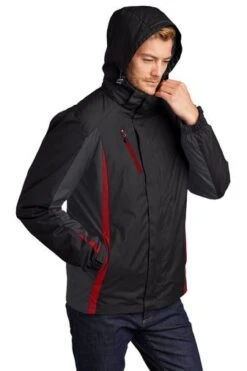 Port Authority Jackets: Men's J321 BMR Black Magnet Signal Red Colorblock 3-in-1 Jacket -Workingperson Deals Shirts Store 5548 bkmgsgr 5 j321bkmgsgrmodelhood1 337w