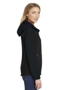 Port Authority Jackets: Women's L335 BLK Black Hooded Core Soft Shell Jacket -Workingperson Deals Shirts Store 6953 black 3 l335blackmodelside 337w 1