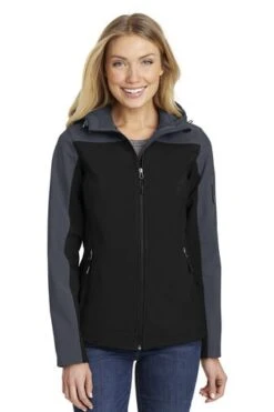 Port Authority Jackets: Women's L335 GRY Black Battleship Grey Hooded Core Soft Shell Jacket