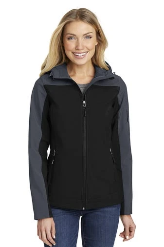Port Authority Jackets: Women's L335 GRY Black Battleship Grey Hooded Core Soft Shell Jacket 1 Port Authority Jackets: Women's L335 GRY Black Battleship Grey Hooded Core Soft Shell Jacket