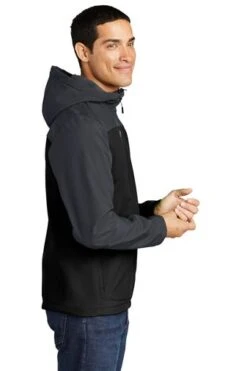 Port Authority Jackets: Men's J335 GRY Black Battleship Grey Hooded Core Soft Shell Jacket -Workingperson Deals Shirts Store 6954 blkbtlgy 3 j335blkbtlgymodelside1 337w