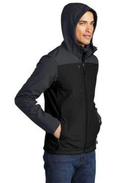 Port Authority Jackets: Men's J335 GRY Black Battleship Grey Hooded Core Soft Shell Jacket -Workingperson Deals Shirts Store 6954 blkbtlgy 4 j335blkbtlgymodelhood1 337w