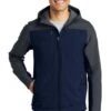 Port Authority Jackets: Men's J335 NVYGRY Dress Blue Navy Battleship Grey Hooded Core Soft Shell Jacket