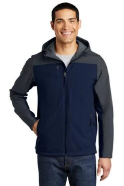 Port Authority Jackets: Men's J335 NVYGRY Dress Blue Navy Battleship Grey Hooded Core Soft Shell Jacket