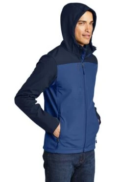 Port Authority Jackets: Men's J335 NVYBLU Night Sky Blue/ Dress Blue Navy Hooded Core Soft Shell Jacket -Workingperson Deals Shirts Store 6954 nsbldsbnv 4 j335nsbldsbnvmodelhood1 337w