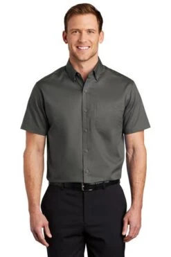 Port Authority Shirts: Men's S664 STGY Sterling Grey Button Down Short Sleeve SuperPro Twill Shirt