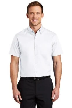 Port Authority Shirts: Men's S664 WHT White Button Down Short Sleeve SuperPro Twill Shirt