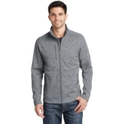 Port Authority Jacket: Men's F231 GRY Grey Digi Stripe Fleece Jacket -Workingperson Deals Shirts Store f231 grey model front 042015