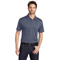 Port Authority Shirts: Men's K576 TNH True Navy Blue Heather Trace Polo Shirt -Workingperson Deals Shirts Store k576 truenavyheather model front