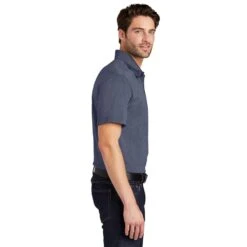Port Authority Shirts: Men's K576 TNH True Navy Blue Heather Trace Polo Shirt -Workingperson Deals Shirts Store k576 truenavyheather model side