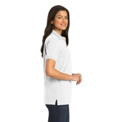 Port Authority Shirts: Women's White Cotton Knit Polo Shirt L420 WHT -Workingperson Deals Shirts Store l420 white model side 082018