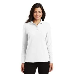 Port Authority Shirts: Women's White Polo Shirt L500LS WHT -Workingperson Deals Shirts Store l500ls white model front 032017