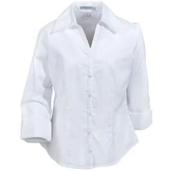 Port Authority Blouses: L6290 Women's White 3/4 Sleeve Open-Neck Blouse -Workingperson Deals Shirts Store l629wht portauthorityf 01