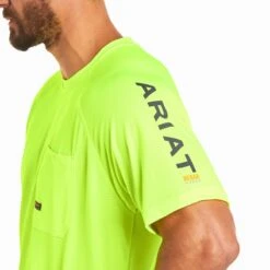 Ariat Rebar Shirts: Men's 10031037 Neon Lime Heat Fighter T-Shirt -Workingperson Deals Shirts Store s21 mns work 10031037 detail01