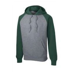 Sport-Tek Sweatshirt: Men's ST267-FGH Forest Green/Vintage Heather Raglan Colorblock Pullover Hooded Sweatshirt -Workingperson Deals Shirts Store st267 forestgreenvntghthr form front