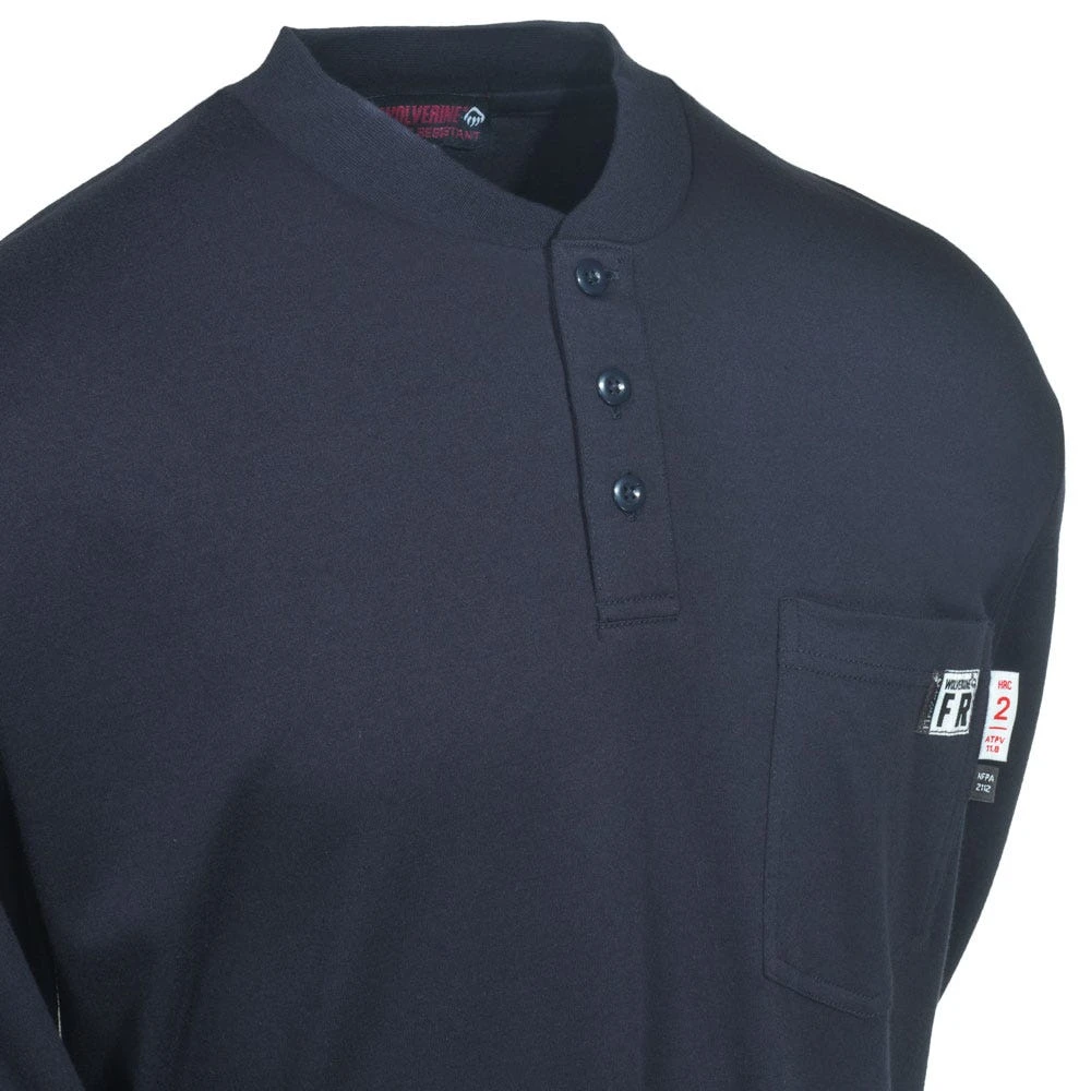Wolverine Shirts: Men's W1203300 417 Flame-Resistant Blue Long-Sleeve Henley Shirt 1 Wolverine Shirts: Men's W1203300 417 Flame-Resistant Blue Long-Sleeve Henley Shirt